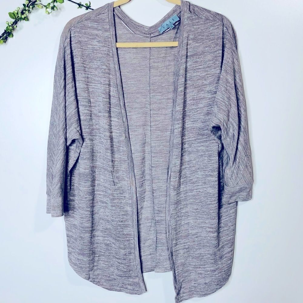 Joan Vass Gray Heathered 3/4 Sleeve Open Front Cardigan